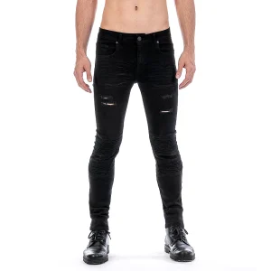 Pantalón Mezclilla Stretch Hombre Biker Negro Demolición