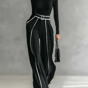 Renata™ | Conjunto de top de cuello alto con manga larga y pantalón de pernera ancha con cinturón